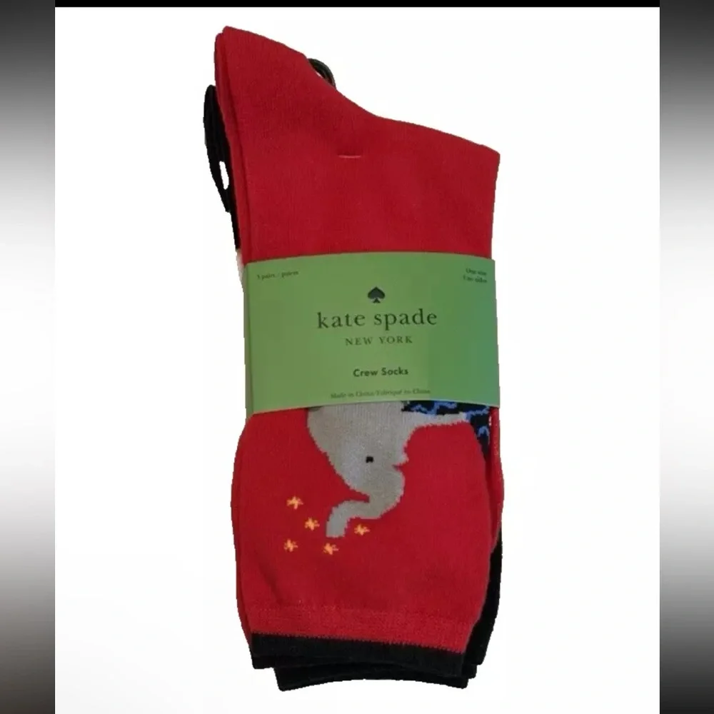 Kate Spade Crew Socks Elephant  Black Red White Stripe 3pk‎ KSNY